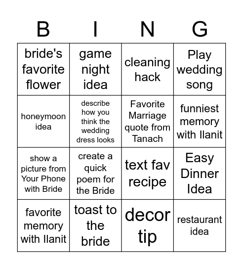 ~ILANIT'S BRIDAL BASH BINGO~ Bingo Card