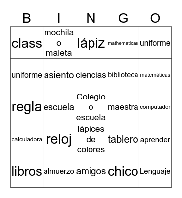 School Bingo Card