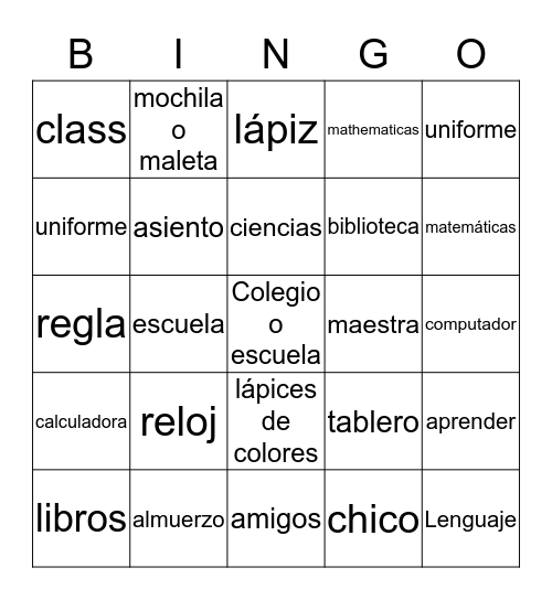 School Bingo Card