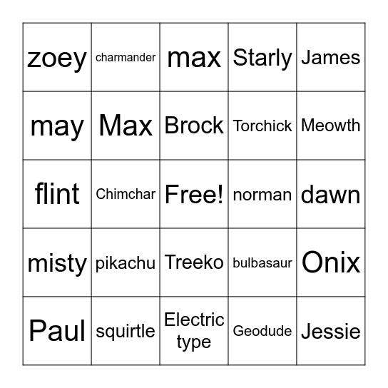 Pokemon Trivia Bingo Card