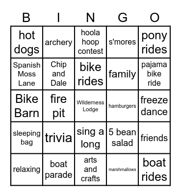 Fort Wilderness Bingo Card