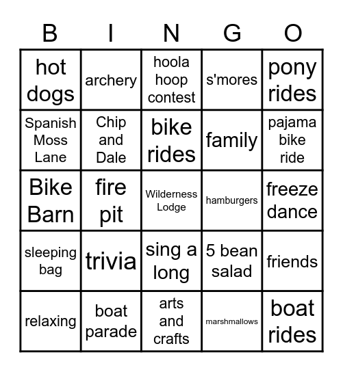 Fort Wilderness Bingo Card