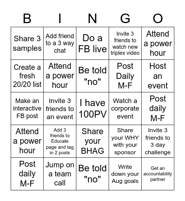 Get into Action August Bingo Card