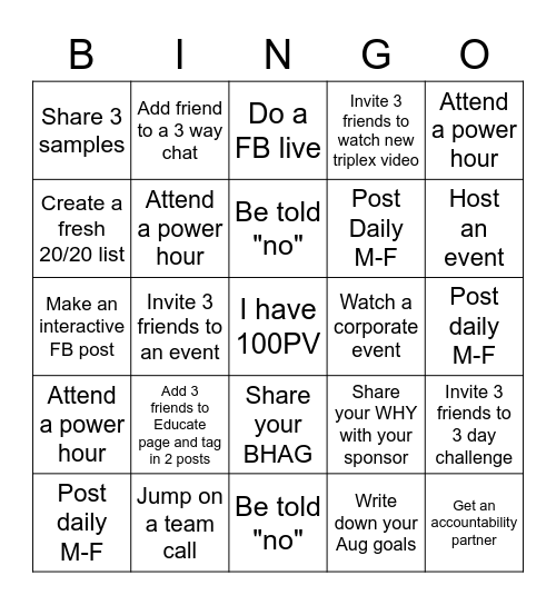 Get into Action August Bingo Card