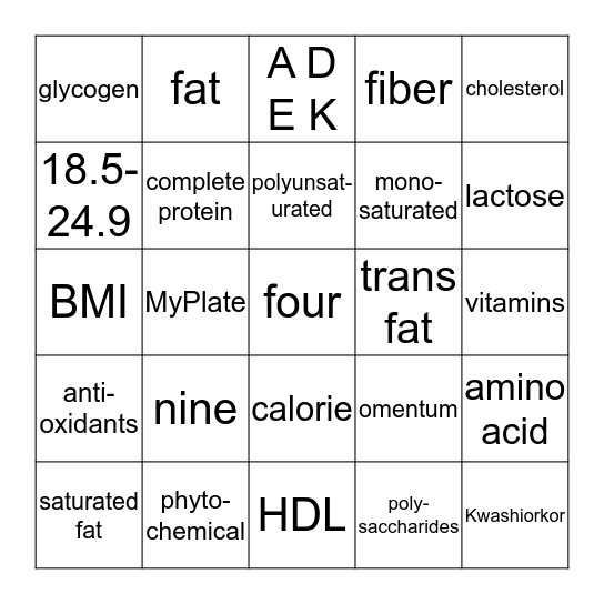 nutrition Bingo Card