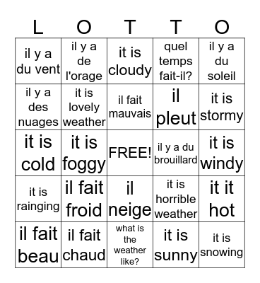 Quel temps fait-il? Bingo Card