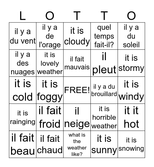 Quel temps fait-il? Bingo Card