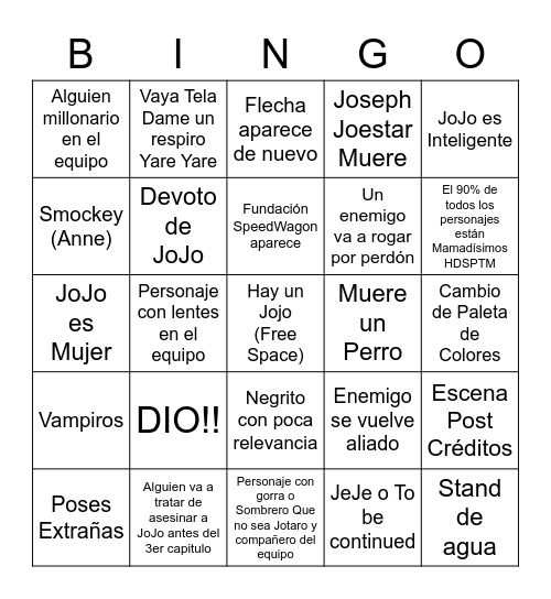 Jojo Part 5 Bingo Card