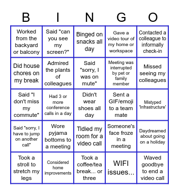 INSW Bingo - 'Working from home' style Bingo Card