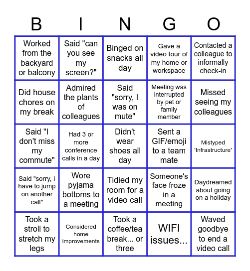 INSW Bingo - 'Working from home' style Bingo Card