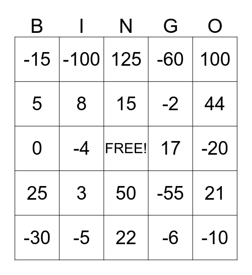 Integer bingo Card