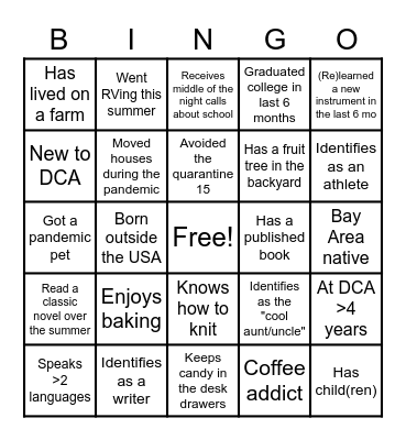 Get to Know DCA Staff Bingo Card