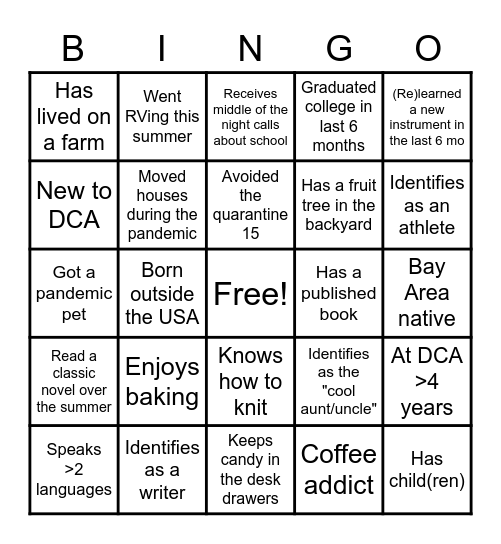 Get to Know DCA Staff Bingo Card
