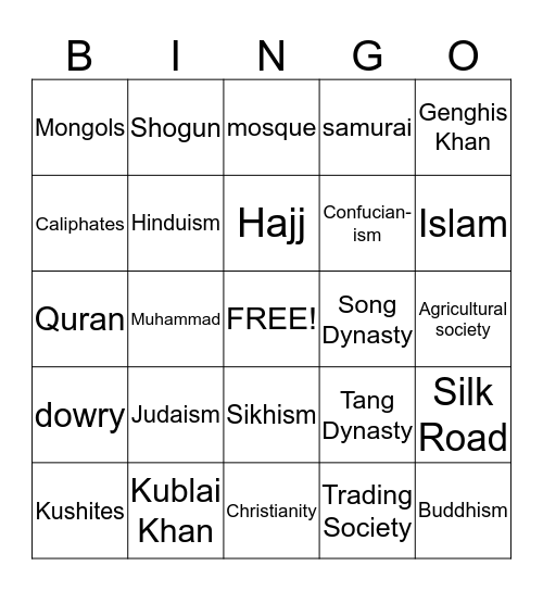 Middle Ages in Africa and Asia Bingo! Bingo Card