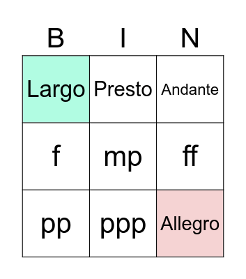 Musical experssion Bingo Card