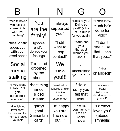 Abuse Enabler Bingo Card