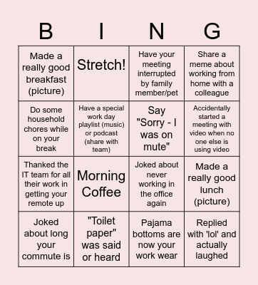 Remote Work Bingo Card