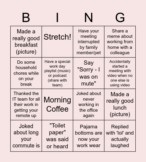 Remote Work Bingo Card
