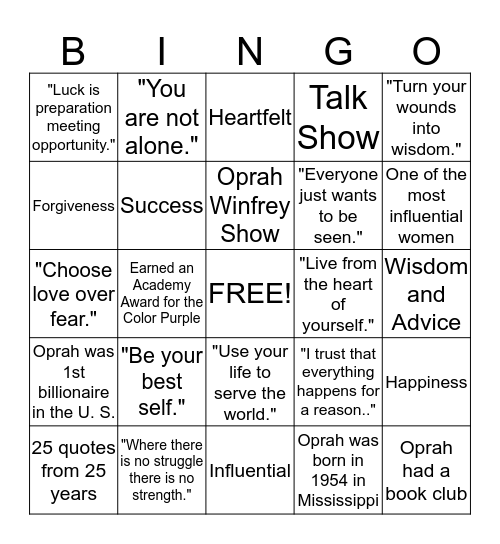 Motivational Quotes and Life of Oprah Winfrey Bingo Card