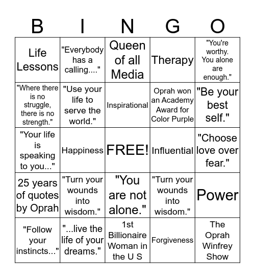 Oprah Winfrey Quotes and Her Life Bingo Card