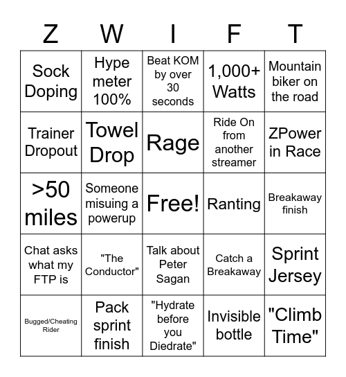 Firewalker Zwift Stream Bingo Card