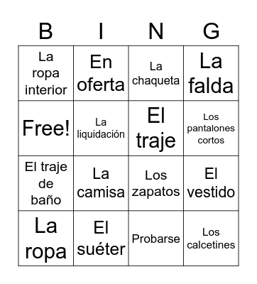 Clothing Bingo Card