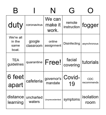 CORONAPOCOLYPSE INSERVICE BINGO Card