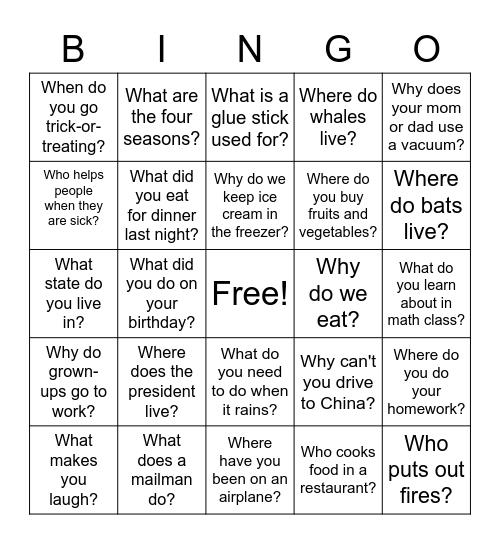 Wh-Question BINGO! Bingo Card