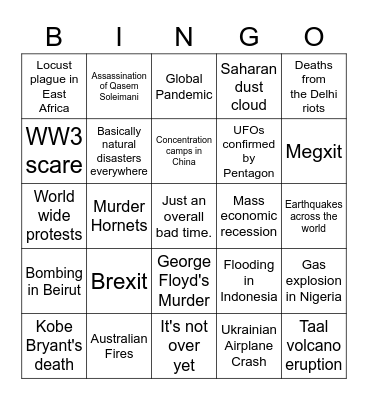 2020 Craziness Bingo Card