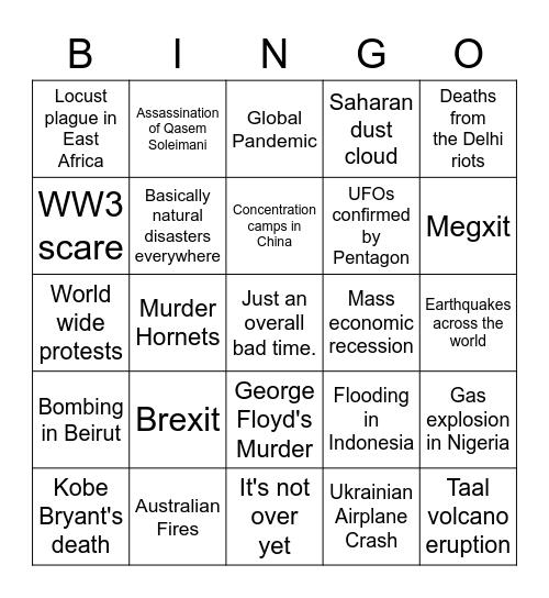 2020 Craziness Bingo Card