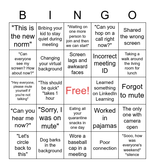 Support Group WFH Bingo Card