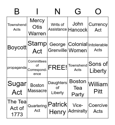 Chapter 6 U. S. History, secs. 3 and 4 Bingo Card