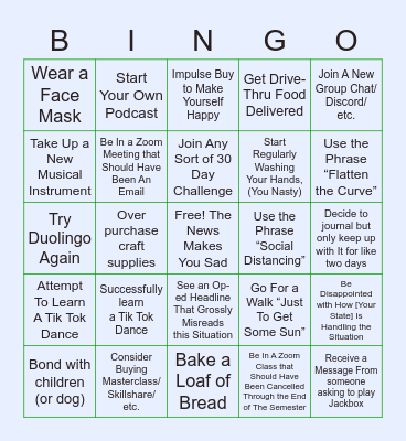 Things to do during Quarantine Bingo Card