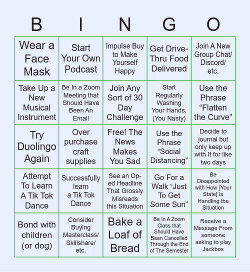 Things to do during Quarantine Bingo Card