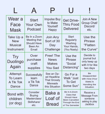 Quarantine Experiences Bingo Card