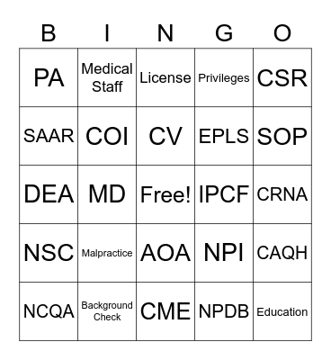 Credentialing BINGO Card