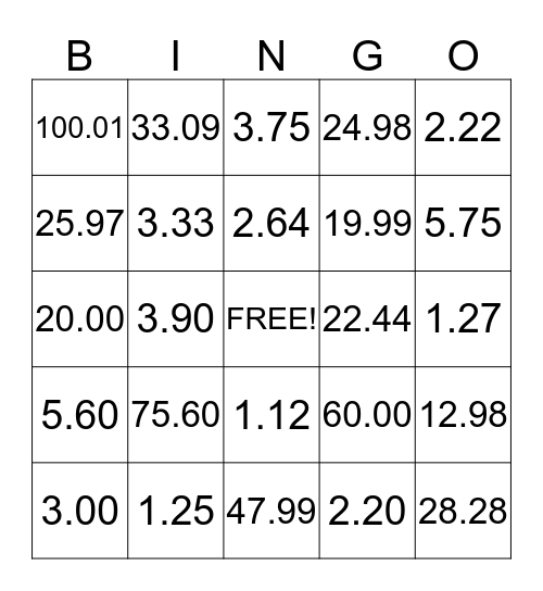 Unit Rate Bingo Card