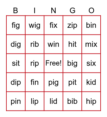 Short  I Bingo Card