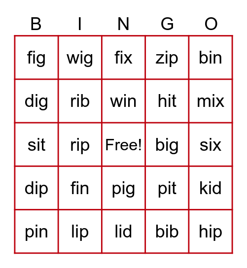 Short  I Bingo Card