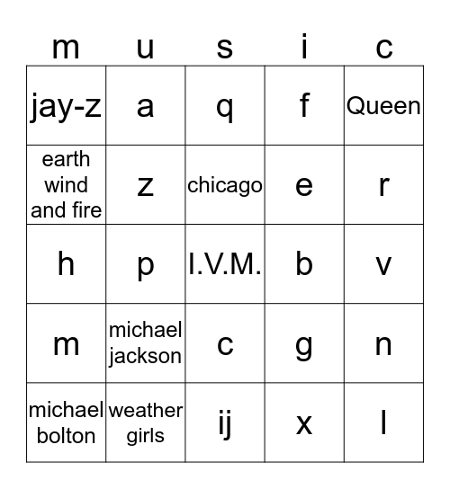 music quiz Bingo Card