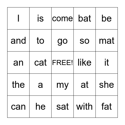 Sight Words Bingo Card