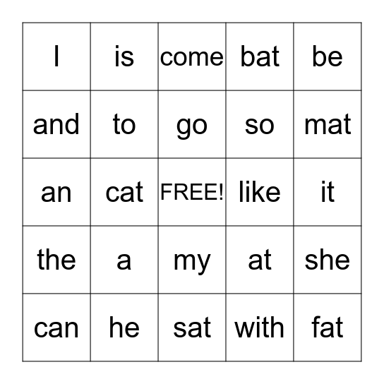 Sight Words Bingo Card