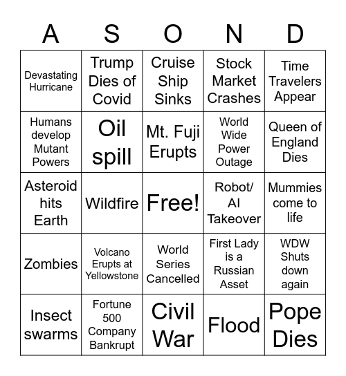 Remaining 2020 Apocalypse Bingo Card