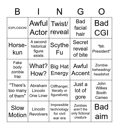 Abraham Lincoln vs. Zombies Bingo Card