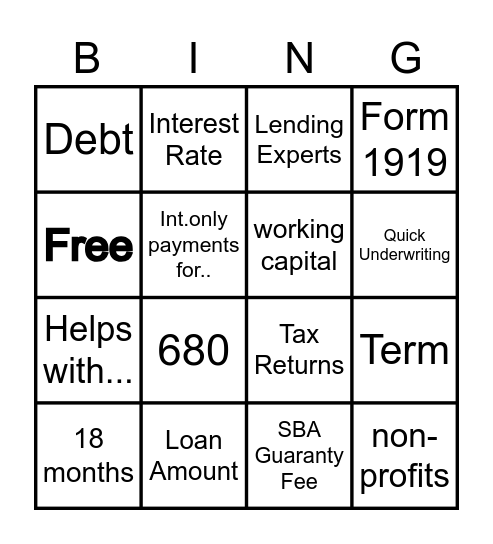 SBA Express LOC Bingo Card