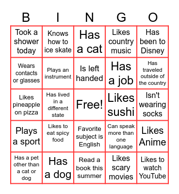 Getting to Know You Bingo Card