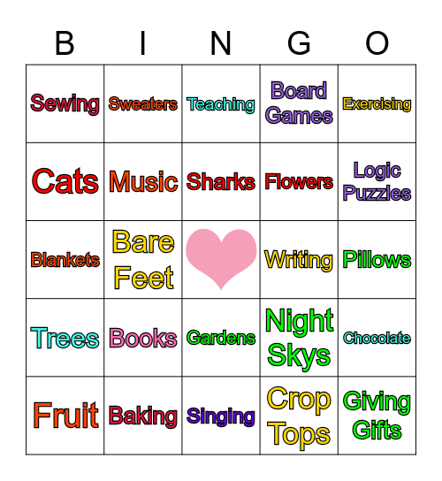Things I love Bingo Card