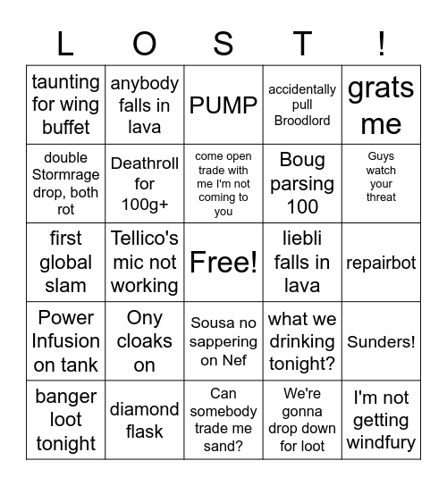 Lost Raid Night Bingo Card