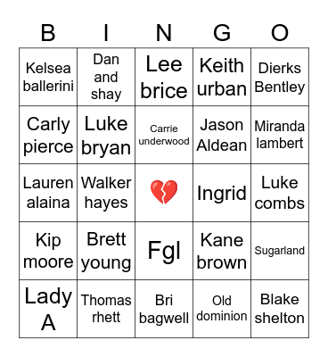 Break up songs Bingo Card