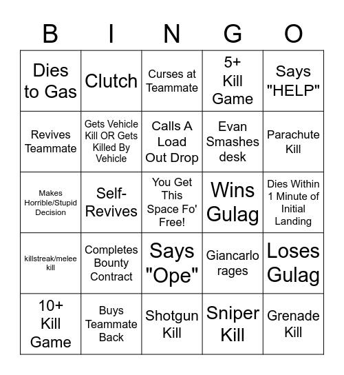 Godly Warzone Bingo Card